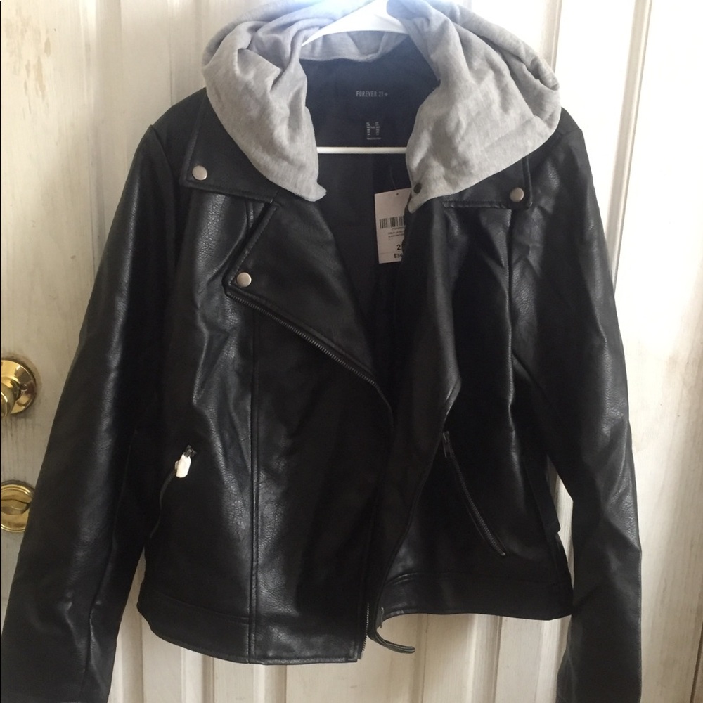Pleather jacket with detachable hoodie